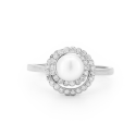 Anello in argento 925 con perla sintetica centrale e contorno di zirconi
